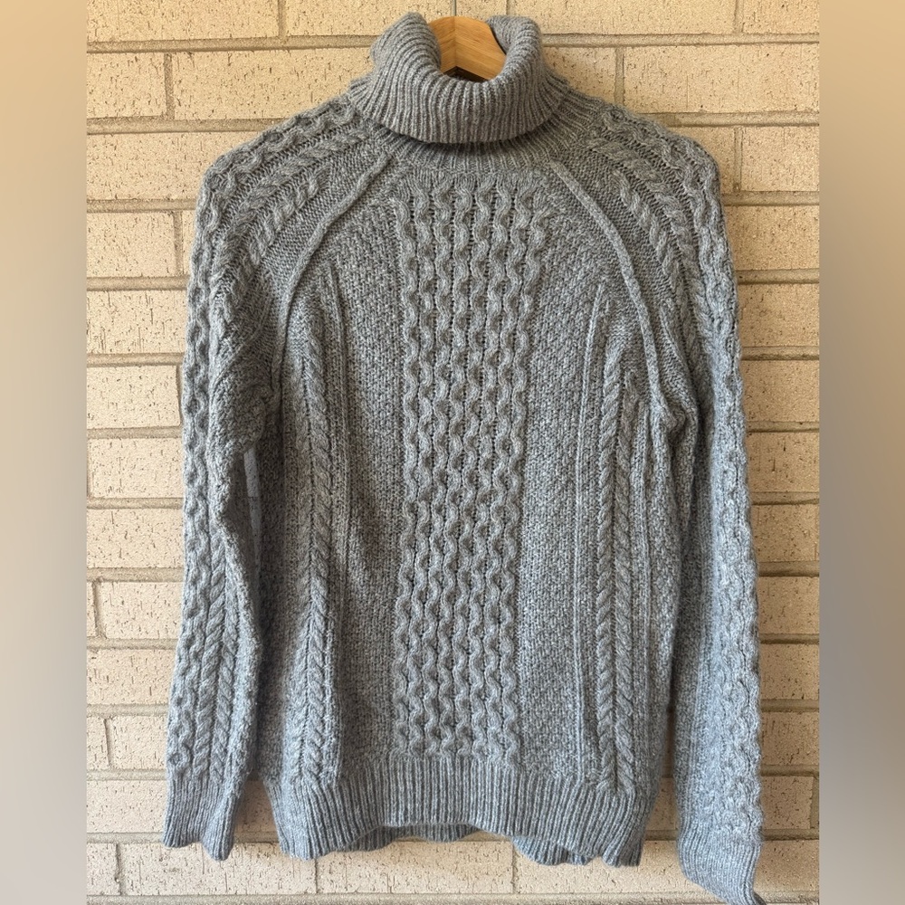 VINCE Heather Gray Cable Knit Turtleneck Sweater | Merino Wool Alpaca Blend | XS